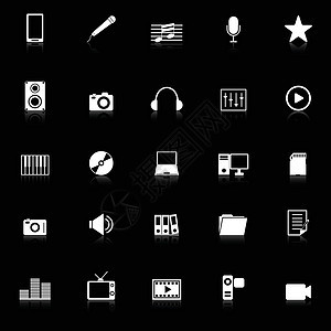 黑色背景上反射的媒体图标摄影音乐白色扩音器纽扣网络麦克风互联网展示电脑图片
