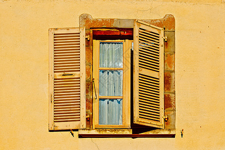 旧窗口城市建筑学木板房子石头框架窗帘历史性反射传统图片