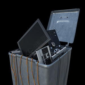 在白色背景的废件箱中的计算机插图丢弃硬件办公室金属废纸死亡监视器编程机器图片