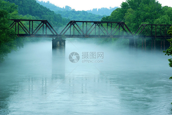 雾中大桥池塘曲目树木火车叶子运输图片