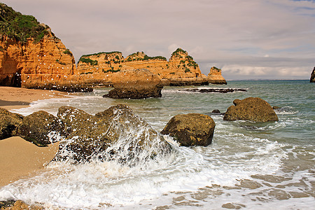 葡萄牙拉各斯旅游飞溅海洋旅行悬崖海岸线日落晴天岩石海岸图片