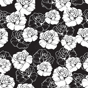 无缝矢量 黑色背景带白色反向玫瑰的深花纹图片