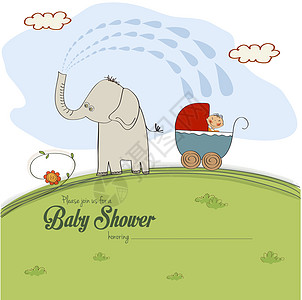 婴儿淋浴卡 一个男孩在由大象喷洒的漫步车中图片