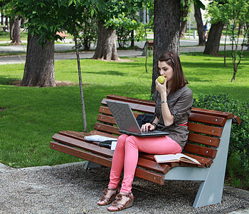 青年女子在公园学习长椅笔记本教育商业闲暇互联网电脑成人学生工作图片