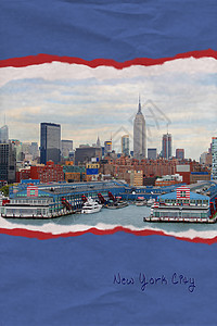 纽约的纸面明信片插图蓝色旅游港口建筑物码头白色纸板海岸船舶图片