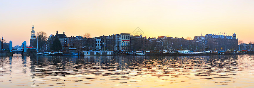 阿姆斯特丹天线日落历史全景场景蓝色城市建筑学反射景观运河图片