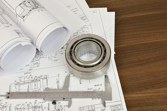 建筑图画 卡利伯尔和轴承金属工程绘图办公室工作蓝图工具素描项目木头图片