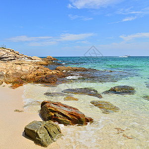泰国科赫岛热带海滩和海的热带海滩和海洋海岸阳光晴天风景叶子天气场景石头假期休息图片