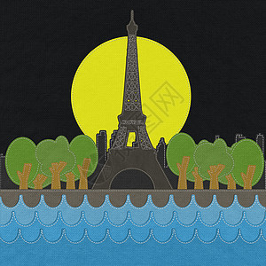 Eiffel塔台 巴黎 法国布料背景缝合风格织物全景纪念碑夜生活建筑旅行缝纫纺织品游客景观图片