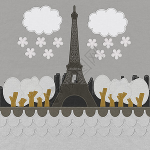Eiffel塔台 巴黎 法国布料背景缝合风格缝纫天空材料旅行帆布蓝色纤维标签衣服地平线图片