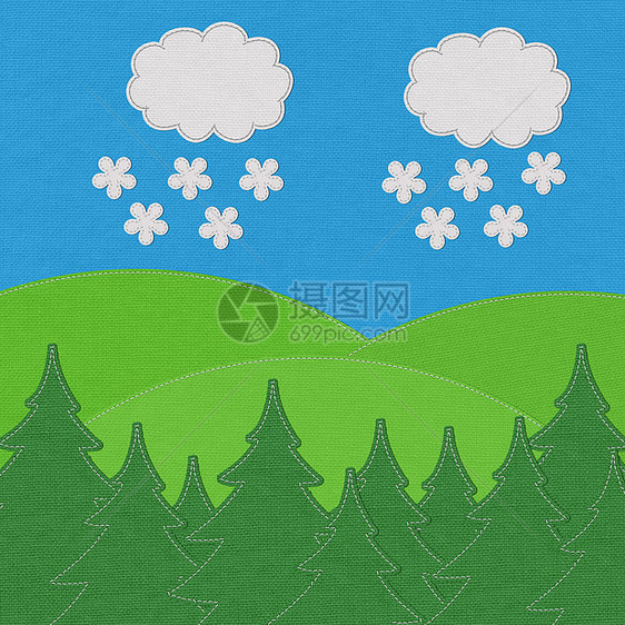 山上有松林和缝针风格的风景叶子皮革季节阳光标签蓝色晴天太阳天空棉布图片