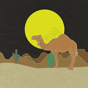 孤独骆驼在沙漠沙滩上 织布的缝合风格动物面料荒野绿色野生动物卡通片织物单峰运输缝纫图片