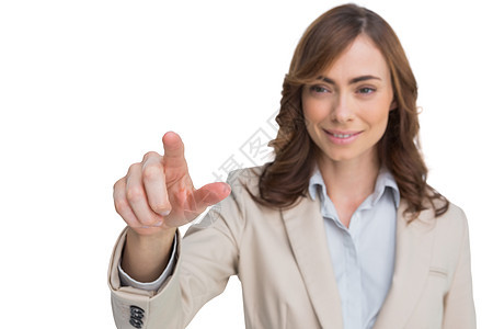 商业女商务人士用相机指着她的手指的肖像图片