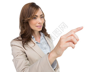 女商务人士按隐形钥匙键女性女士微笑手势职业快乐夹克公司手指头发图片