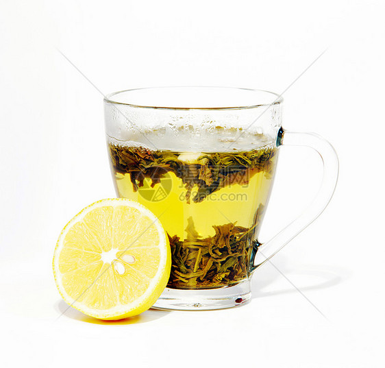 茶杯和柠檬中的茶叶 在白色背景下被孤立图片