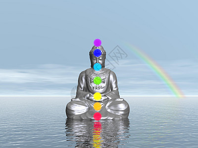 日落时CHakras  3D make海洋宗教瑜伽地平线紫色插图蓝色冥想咒语彩虹图片