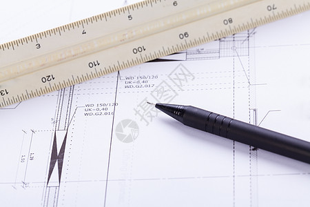 建筑设计蓝图图设备     工作场所打印几何学铅笔工程工具草稿文书乐器工程师建造图片