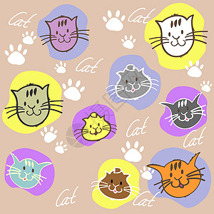 无缝装配不同颜色的猫 有刻字和爪子刺脚印白色宠物黄色卡通片墙纸绘画艺术打印电脑图片