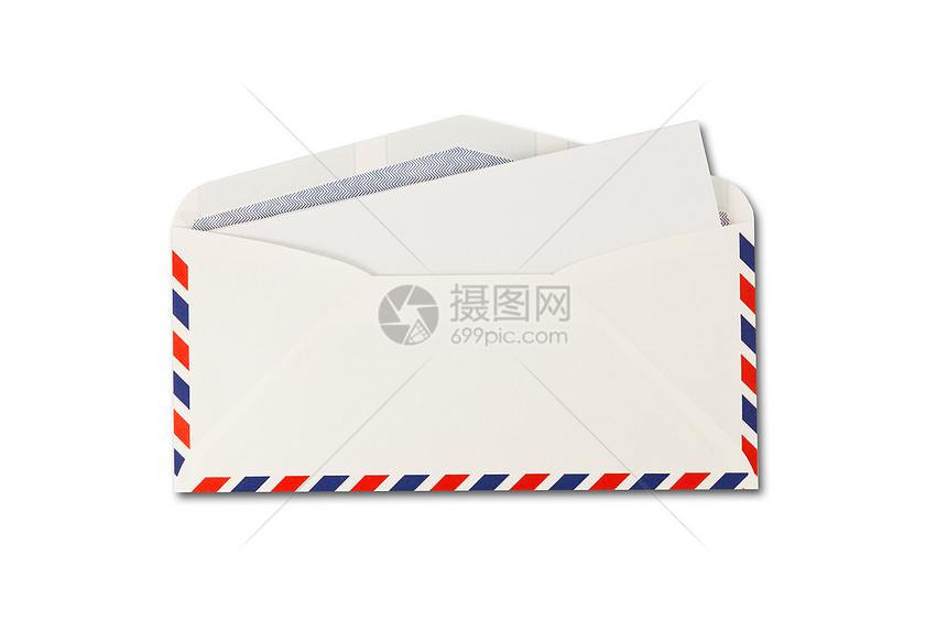 通过航空邮件和白色背景上隔绝的纸张获得的开放信封邮票办公室翻译红色电子邮件空气英语邮政蓝色邮资图片