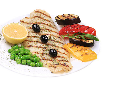 带蔬菜的灰色鱼片茄子胡椒美食草药薯条饮食海鲜食物条纹盘子图片