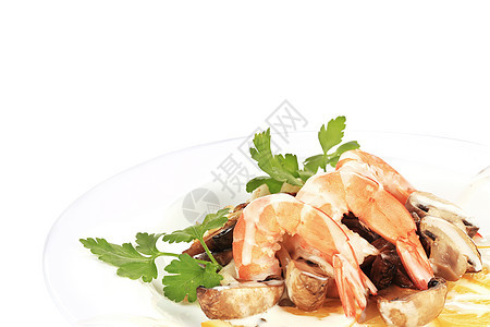 虾沙拉加蘑菇和白酱贝类美食洋葱香菜动物圆圈热带厨房海鲜柠檬图片