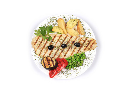 盘子上有灰色的长尾鱼植物土豆产品熟食炙烤煤炭美食油炸食物绿色图片
