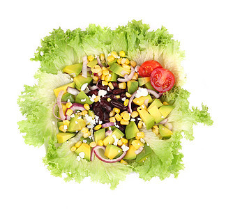 豆沙拉戒指罐头树叶玉米水果白色立方体绿色蔬菜盘子图片
