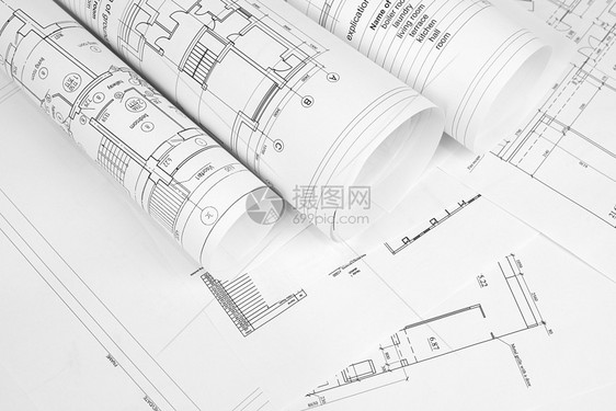 建筑图画的卷轴文书测量汽车工作计算机蓝图房子工程插图计算器图片