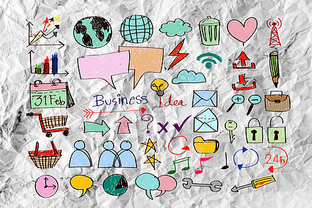 圆纸上商业图标集设计概念设计图案气泡写意图表生意工作报告金融头脑办公室进步图片