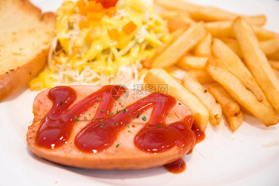 法式薯条 番茄酱香肠垃圾脂肪小吃面包香肠盘子美食早餐饮食午餐图片