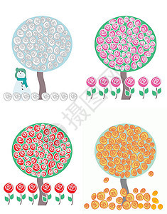 四季矢量树中的树绿色插图季节植物黄色地面环境雪花红色雪人图片