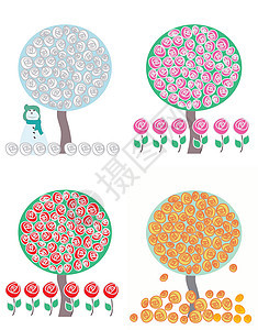 四季矢量树中的树白色雪人植物季节地面粉色叶子红色雪花绿色图片