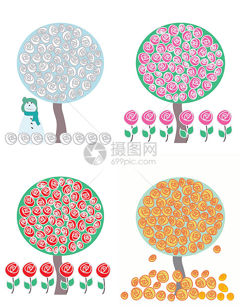 四季矢量树中的树白色雪人植物季节地面粉色叶子红色雪花绿色图片