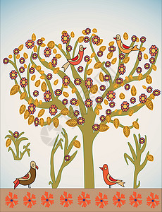 带鸟类的矢量树叶子夫妻土壤草地棕色橙子卡通片森林绿色艺术图片