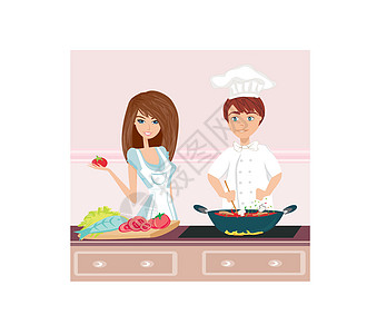 做晚饭营养丈夫帽子妻子插图卡通片合作帮手工作女士图片