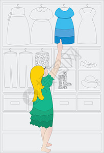 选择衣服女儿服饰衣柜女孩姐姐衣架蓝色裙子插图卡通片图片