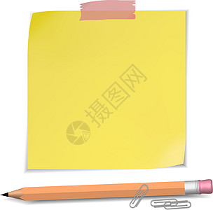 带针和铅笔的粘合笔记木板床单备忘录空白公告笔记纸插图黄色夹子别针图片