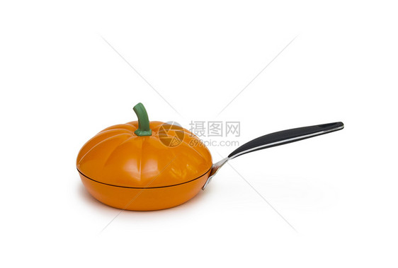 孤立的橙煎锅黑色红色涂层平底锅圆形金属厨具油炸用具图片