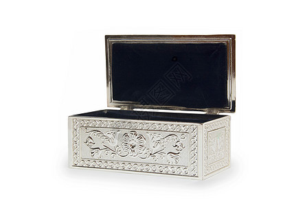 白上孤立的银首饰盒棺材饰品贮存胸部礼物珠宝钻石珍宝古董秘密图片