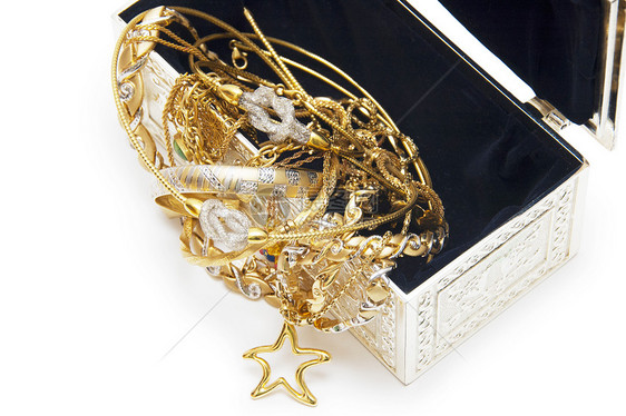带项链的首饰盒 在白色背景上孤立胸部礼物宝石宝藏手镯珠宝珍珠古董财富冒险图片