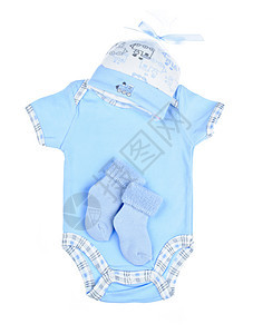婴儿男的蓝衣服轨枕孩子们展示连体衣派对袜子孩子服装迎婴帽子背景图片