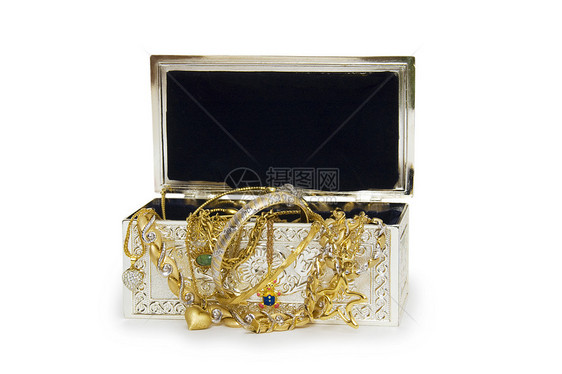 带项链的首饰盒 在白色背景上孤立首饰宝石珠子胸部珍珠手镯收藏财富魅力冒险图片