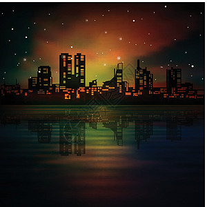带有城市轮廓的抽象夜幕背景全景阴影摩天大楼眼睛反射天空插图办公室行星景观图片