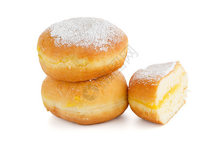 美味的甜甜圈油炸小吃蛋糕甜点馅饼粉状糕点早餐白色面包图片
