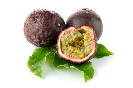 新鲜激情水果营养紫色叶子种子黄色热带热情白色绿色甜点图片