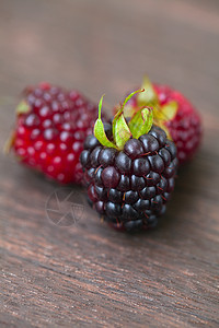 木头表面三片多汁黑莓营养浆果水果宏观烹饪乡村早餐野餐桌子甜点图片