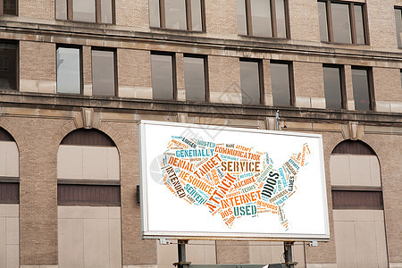 在砖墙上挂有 DDOS 字云符号的广告广告公告牌金融横幅建筑学蓝色建筑建筑物城市营销空白白色图片