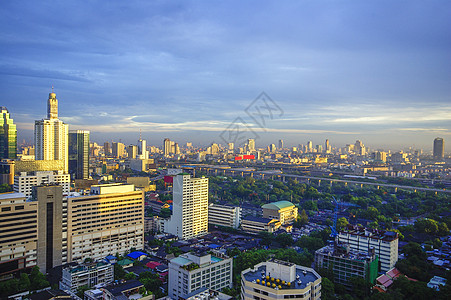 曼谷市上午天际摩天大楼天线太阳旅行天空全景首都建筑学商业图片