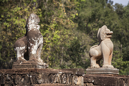 柬埔寨Ankor Thom的狮子雕塑兴趣建筑学历史雕像宽慰收获雕刻地标堡垒石头图片