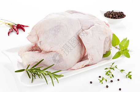 鸡肉蔬菜迷迭香洋葱装饰白色家禽香料食物盘子静物图片